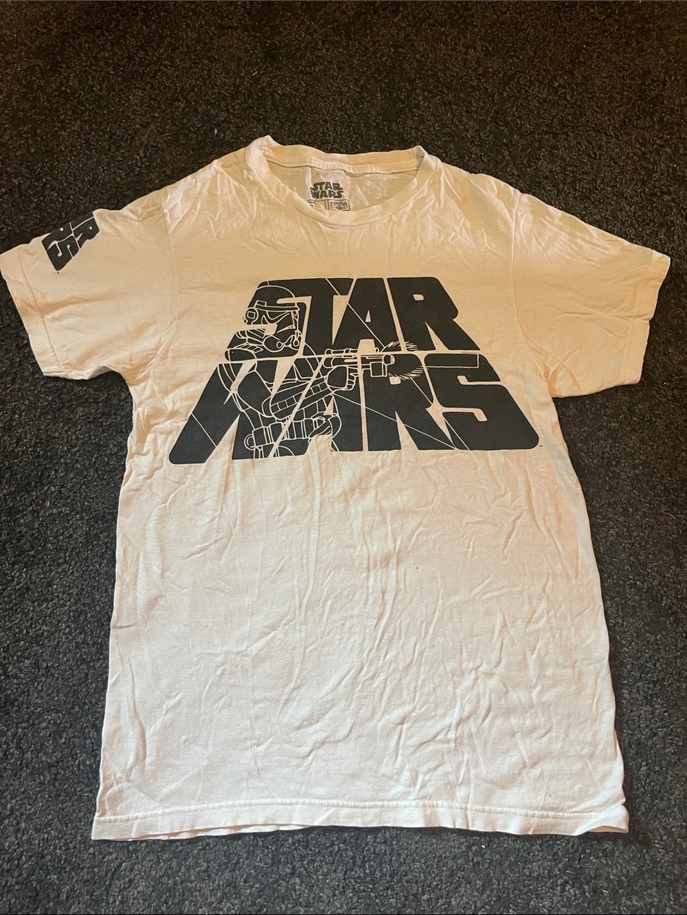 Star Wars White Tee with Black Logo Print on Sleeve